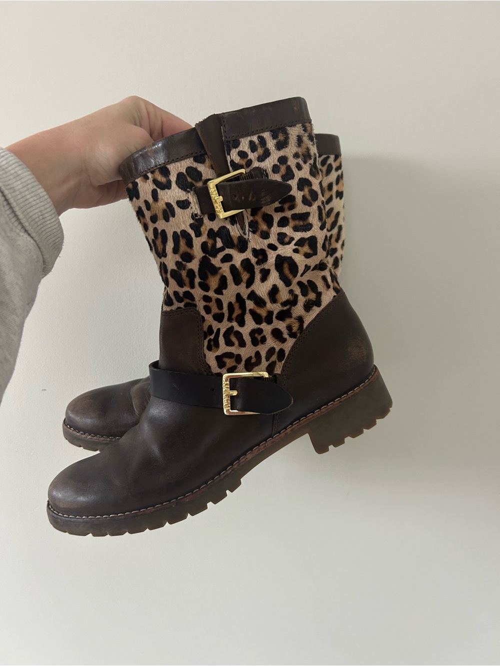 Sperry Top sided Britt leopard cow hair Moto boots